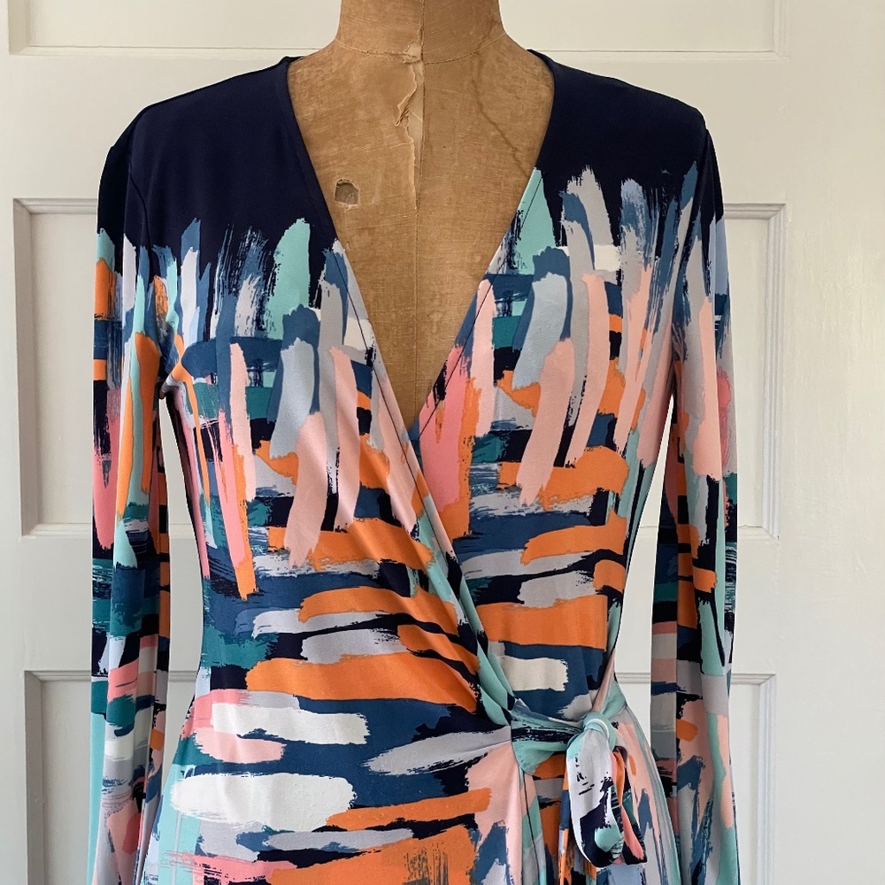 BCBG Maxazria Adele Blue & Pink Abstract Print Wrap Dress Size Small